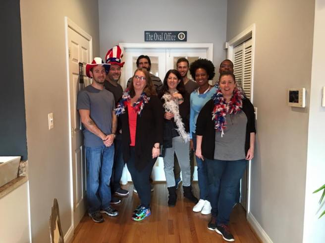 Our first room! The team (Jason, Mike, Steph, Gina, Shanell, Jennifer and Aaron) escaped the Oval Office!